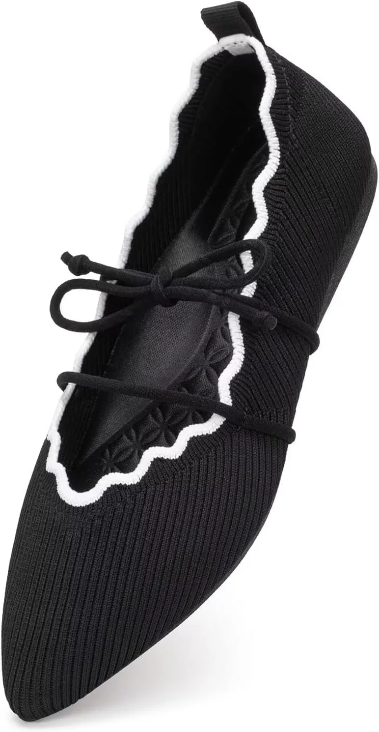 BEJINASH Women's Knitted Flats Pointed Toe Slip On Womens Shoes with Ruffled Vamp Elastic Rope Design for Casual Daily Ballets Shoes