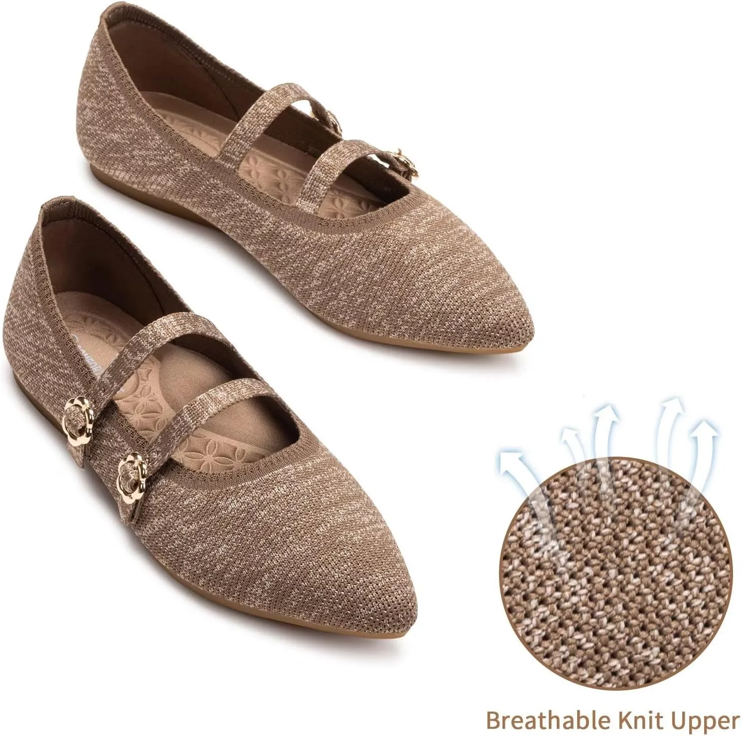 BEJINASH Women's Mary Jane Flat Dressy Knitted Shoes with Double Adjustable Strap Ballets Comfortable for Work Pointed Toe Flats Shoes for Women