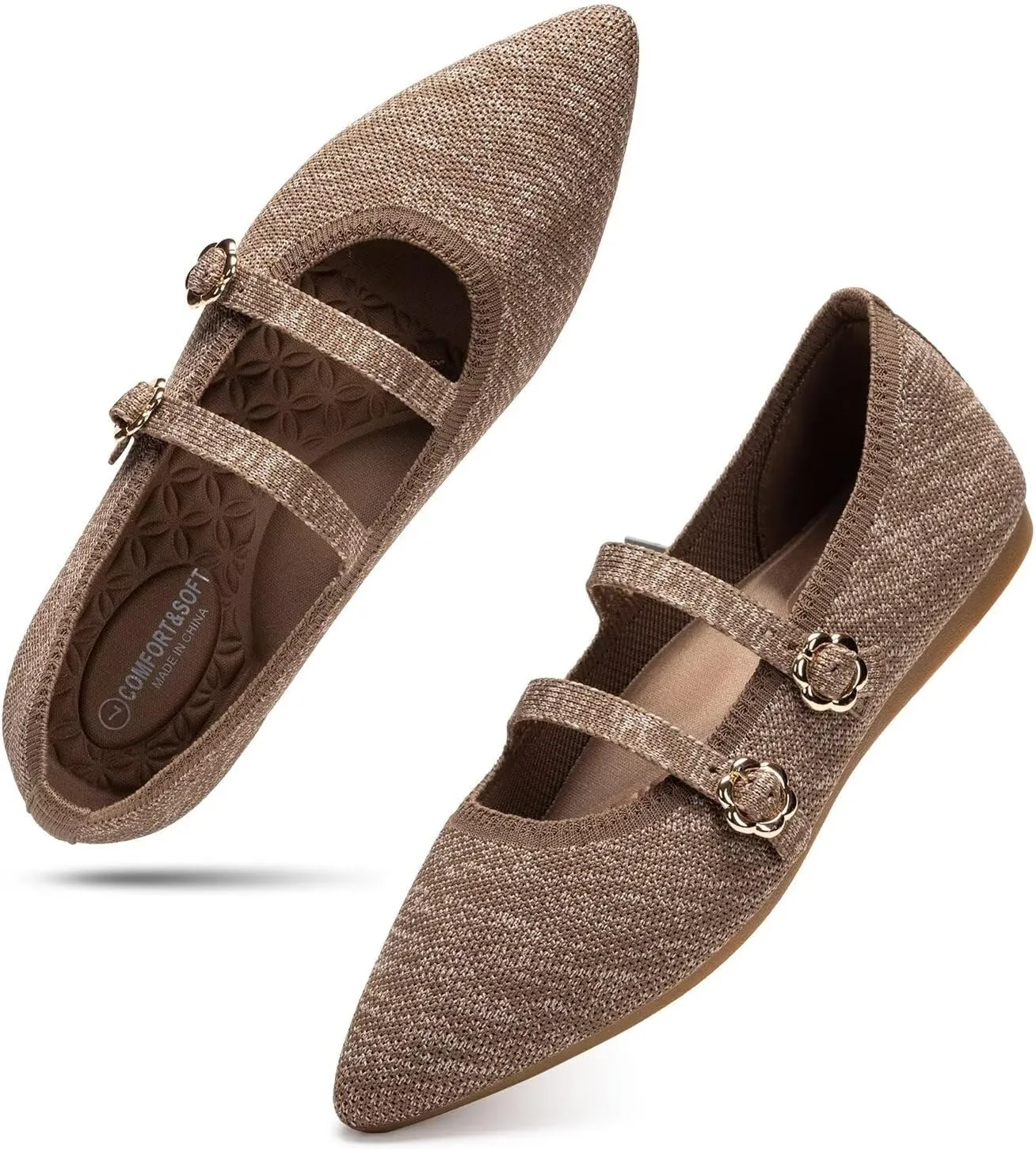 BEJINASH Women's Mary Jane Flat Dressy Knitted Shoes with Double Adjustable Strap Ballets Comfortable for Work Pointed Toe Flats Shoes for Women