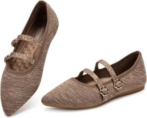 BEJINASH Women's Mary Jane Flat Dressy Knitted Shoes with Double Adjustable Strap Ballets Comfortable for Work Pointed Toe Flats Shoes for Women