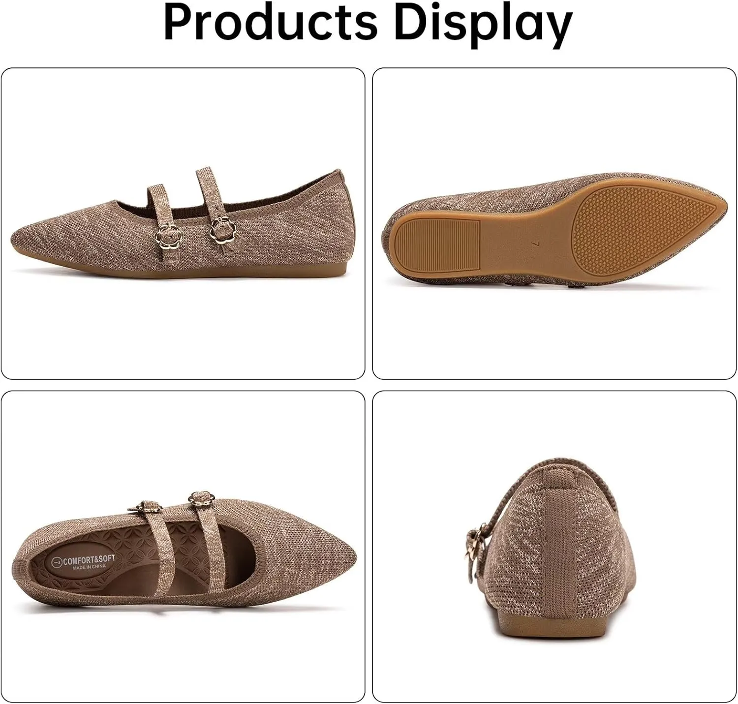 BEJINASH Women's Mary Jane Flat Dressy Knitted Shoes with Double Adjustable Strap Ballets Comfortable for Work Pointed Toe Flats Shoes for Women