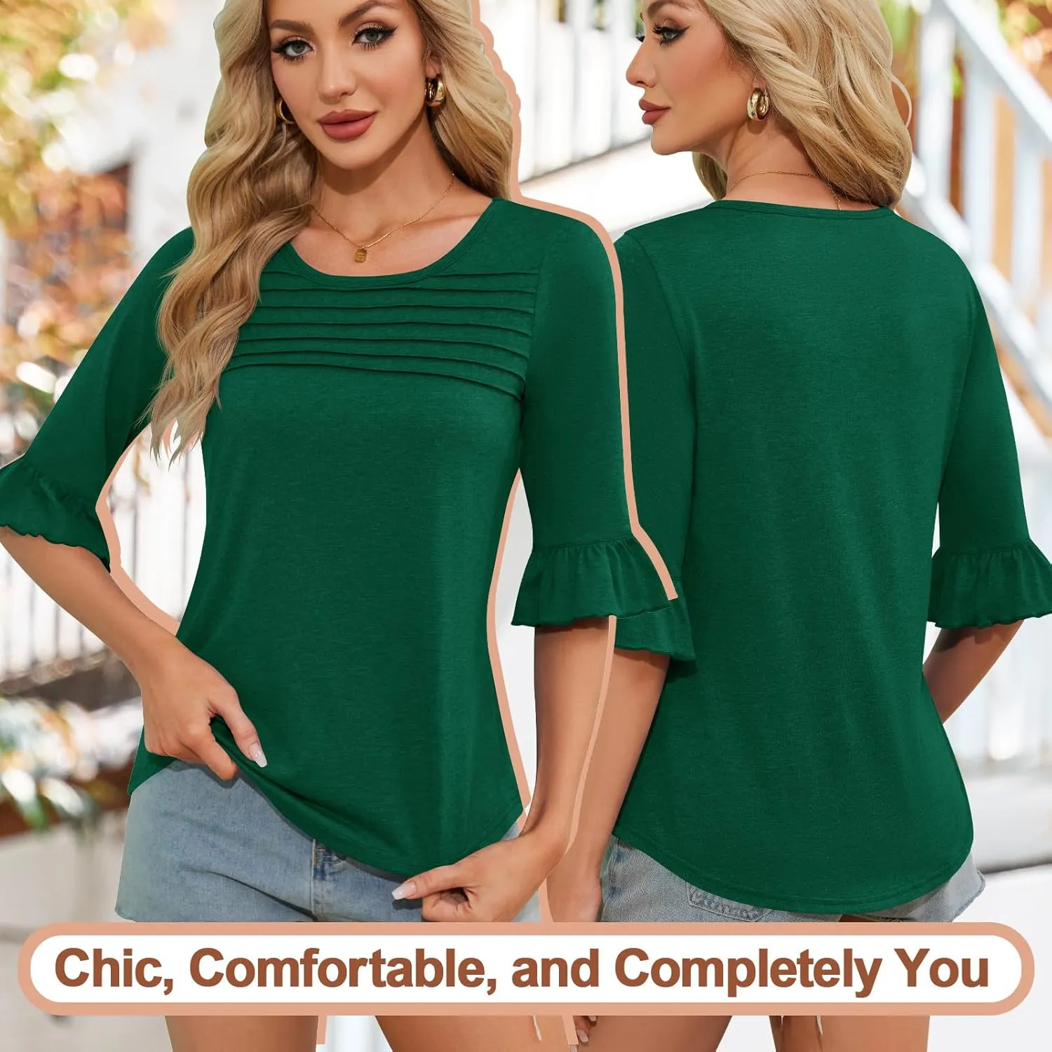 Blingfit 3/4 Length Sleeve Shirts for Womens Pleated Summer Tops 2025 Ruffle Bell Sleeve Fasion Trendy Spring Blouses