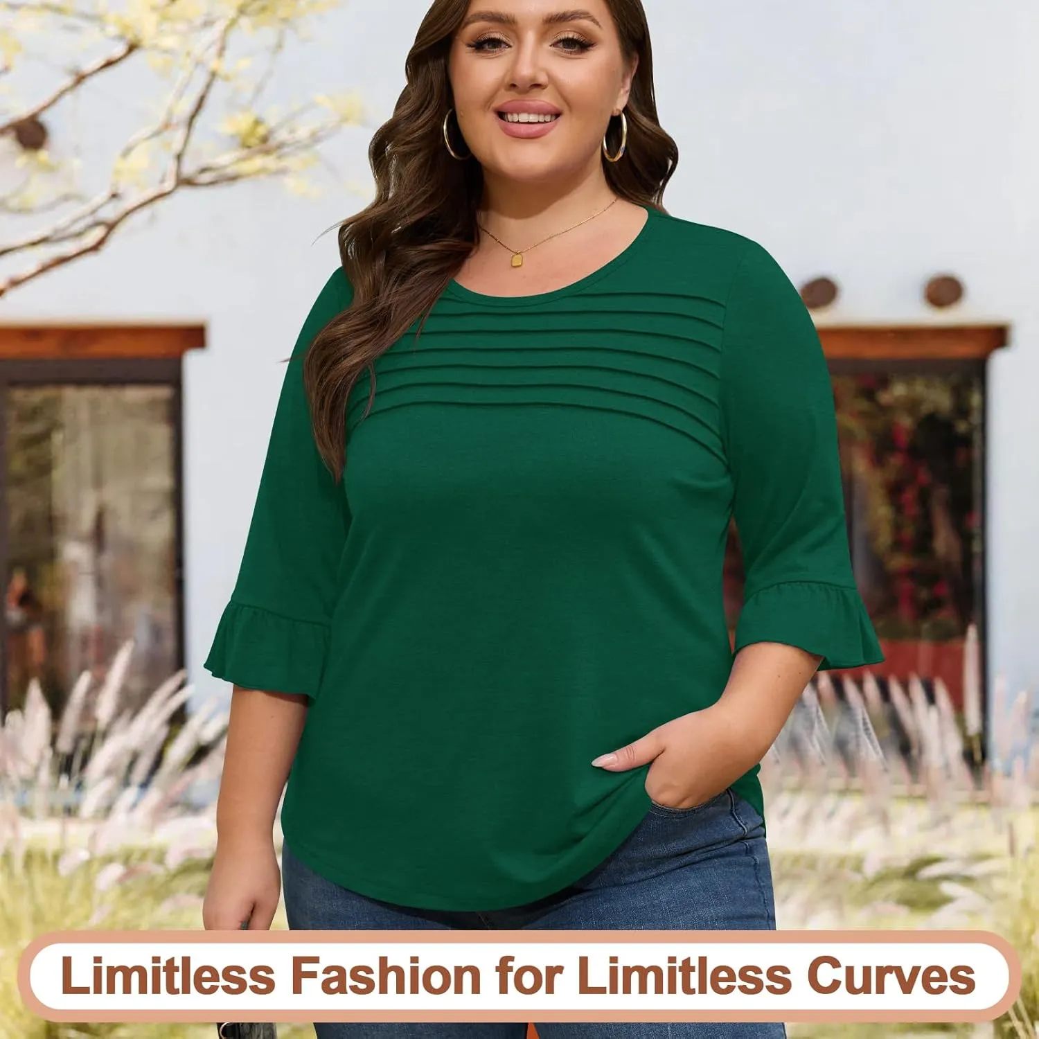 Blingfit 3/4 Length Sleeve Shirts for Womens Pleated Summer Tops 2025 Ruffle Bell Sleeve Fasion Trendy Spring Blouses
