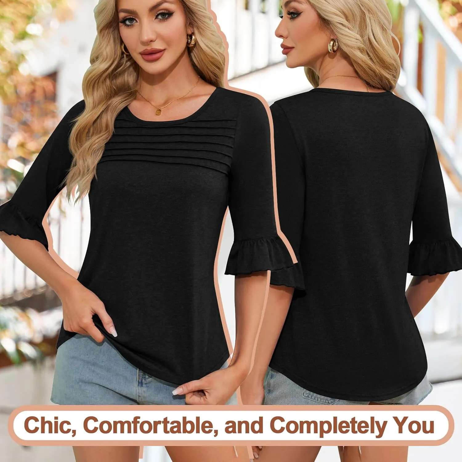 Blingfit 3/4 Length Sleeve Shirts for Womens Pleated Summer Tops 2025 Ruffle Bell Sleeve Fasion Trendy Spring Blouses