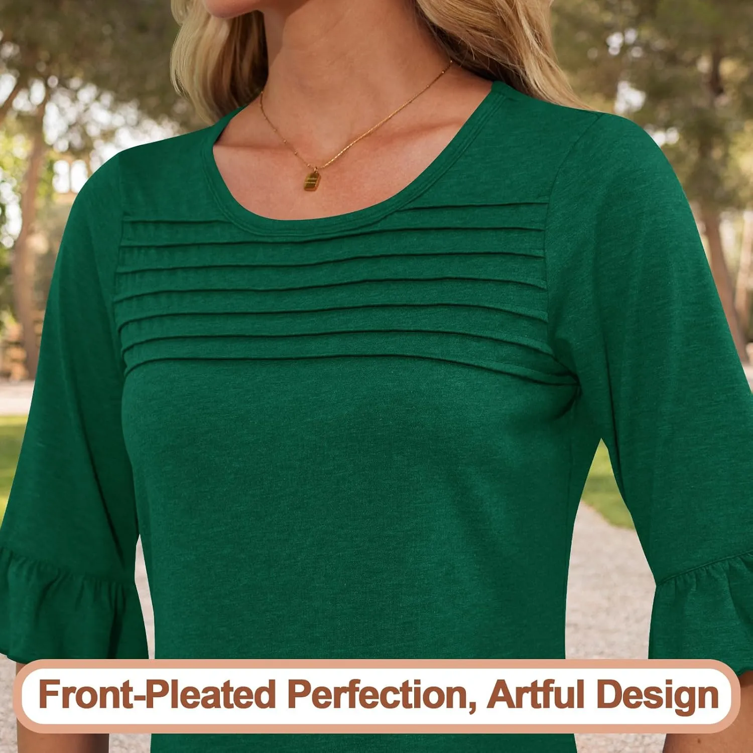 Blingfit 3/4 Length Sleeve Shirts for Womens Pleated Summer Tops 2025 Ruffle Bell Sleeve Fasion Trendy Spring Blouses