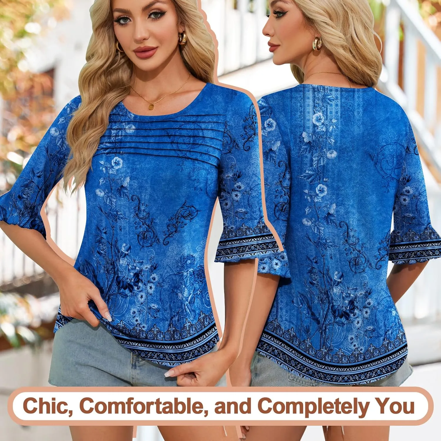 Blingfit 3/4 Length Sleeve Shirts for Womens Pleated Summer Tops 2025 Ruffle Bell Sleeve Fasion Trendy Spring Blouses