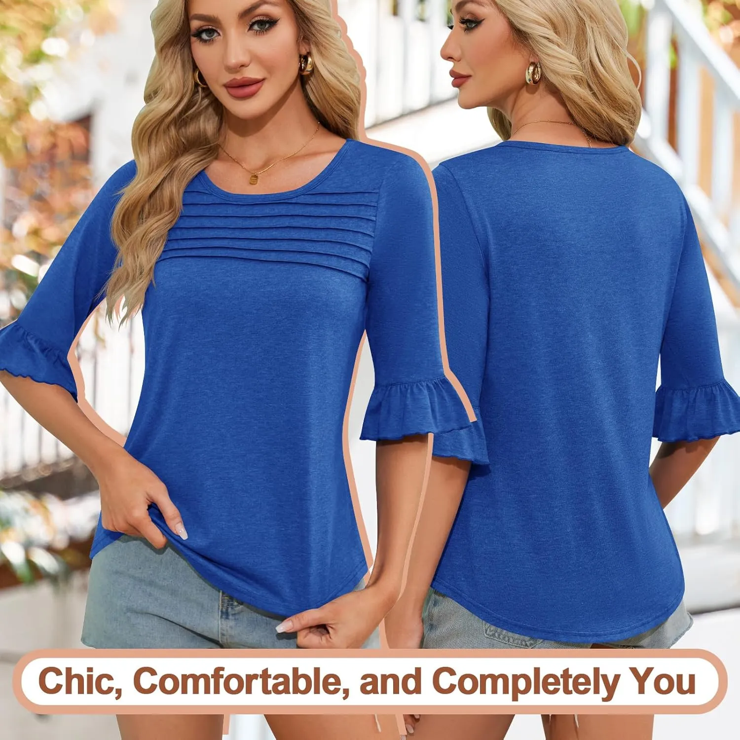 Blingfit 3/4 Length Sleeve Shirts for Womens Pleated Summer Tops 2025 Ruffle Bell Sleeve Fasion Trendy Spring Blouses