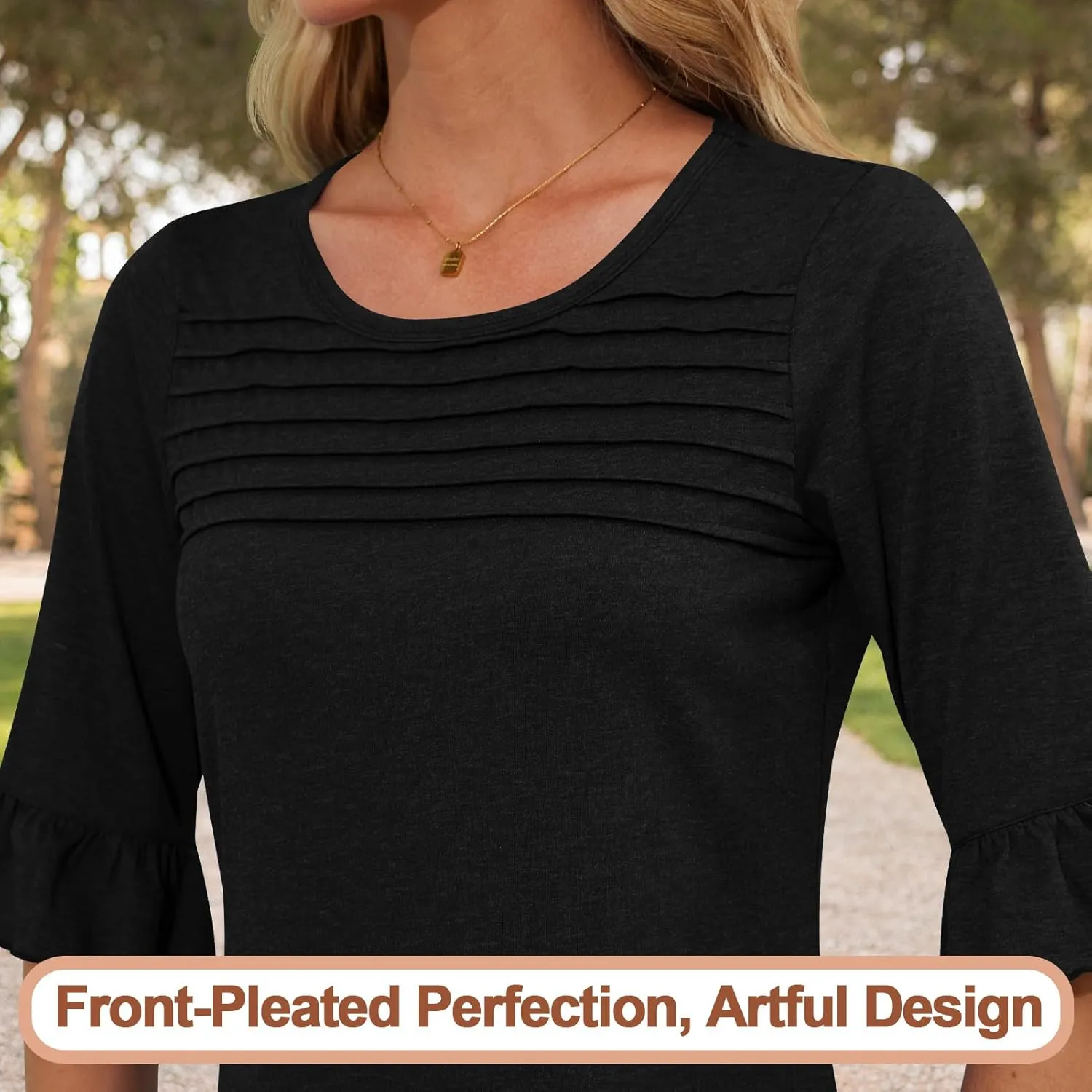 Blingfit 3/4 Length Sleeve Shirts for Womens Pleated Summer Tops 2025 Ruffle Bell Sleeve Fasion Trendy Spring Blouses