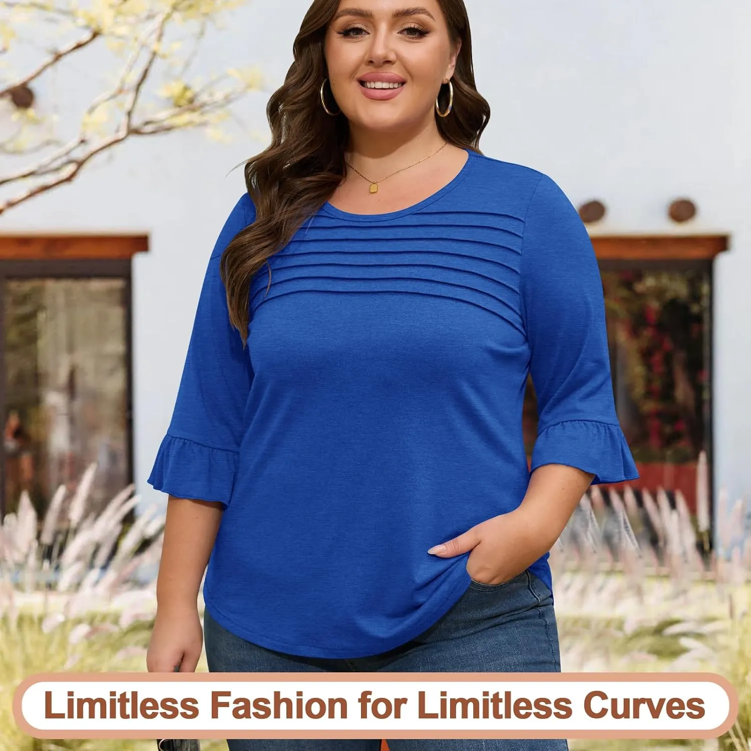 Blingfit 3/4 Length Sleeve Shirts for Womens Pleated Summer Tops 2025 Ruffle Bell Sleeve Fasion Trendy Spring Blouses