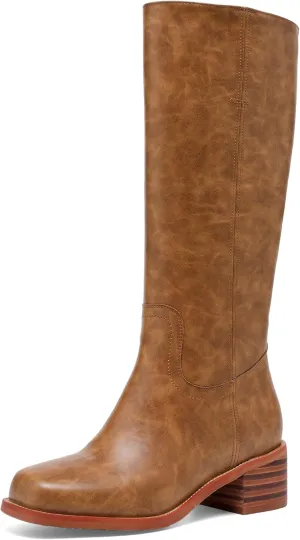 Brown Women's Knee High Boots Chunky Block Heel Long Boots for Women Casual Square Toe Boots Low Heel Womens Boots Size 9.