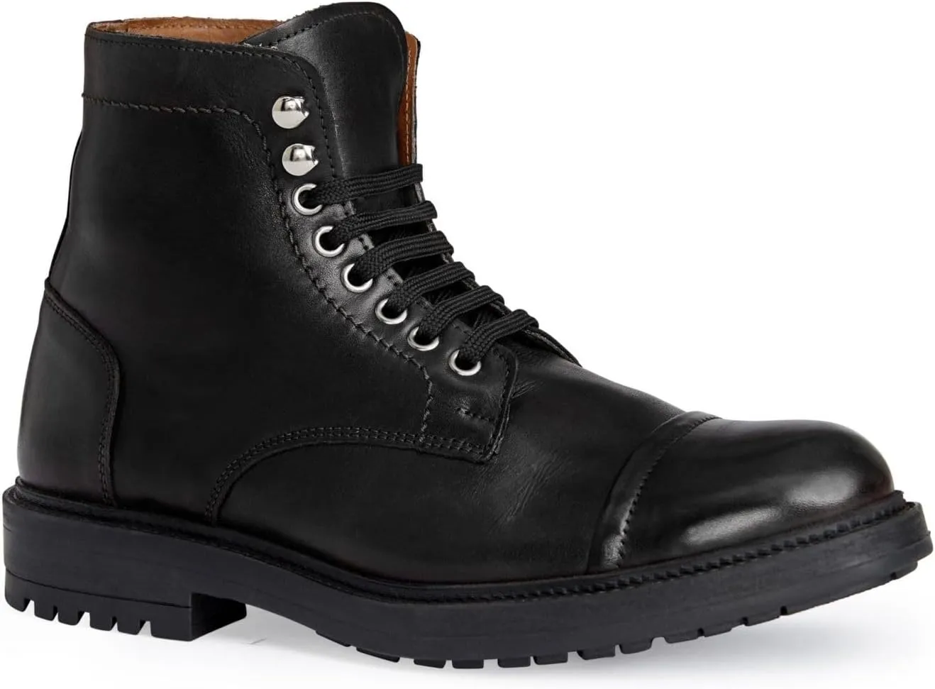 BRUNOMAGLI Mens Black Lug Sole Comfort Costanzo Cap Toe Block Heel Lace-Up Leather Boots Shoes 7.5