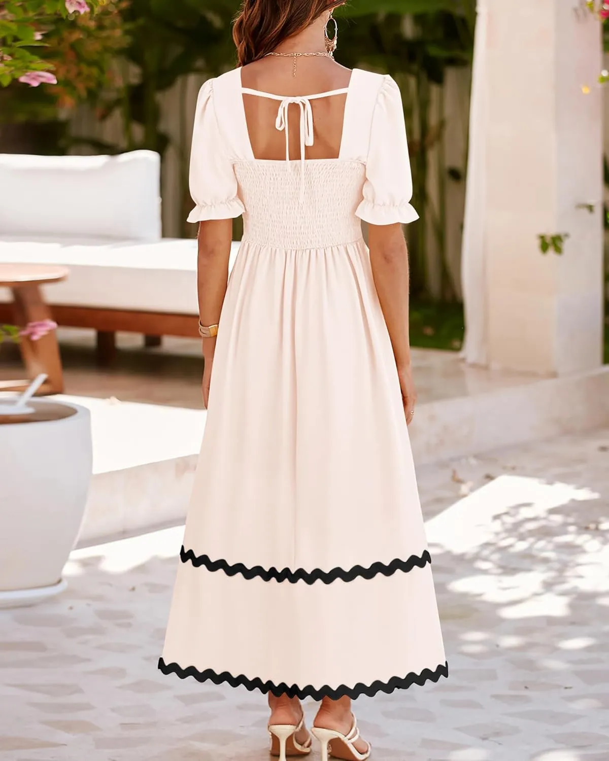 BTFBM Women 2025 Summer Square Neck Short Puff Sleeve Dress Casual RIic Rac Tie Back Smocked Wedding Guest Maxi Dresses