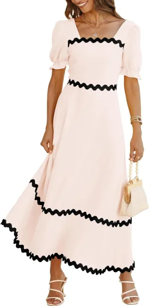 BTFBM Women 2025 Summer Square Neck Short Puff Sleeve Dress Casual RIic Rac Tie Back Smocked Wedding Guest Maxi Dresses