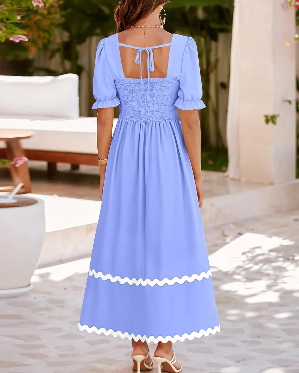 BTFBM Women 2025 Summer Square Neck Short Puff Sleeve Dress Casual RIic Rac Tie Back Smocked Wedding Guest Maxi Dresses