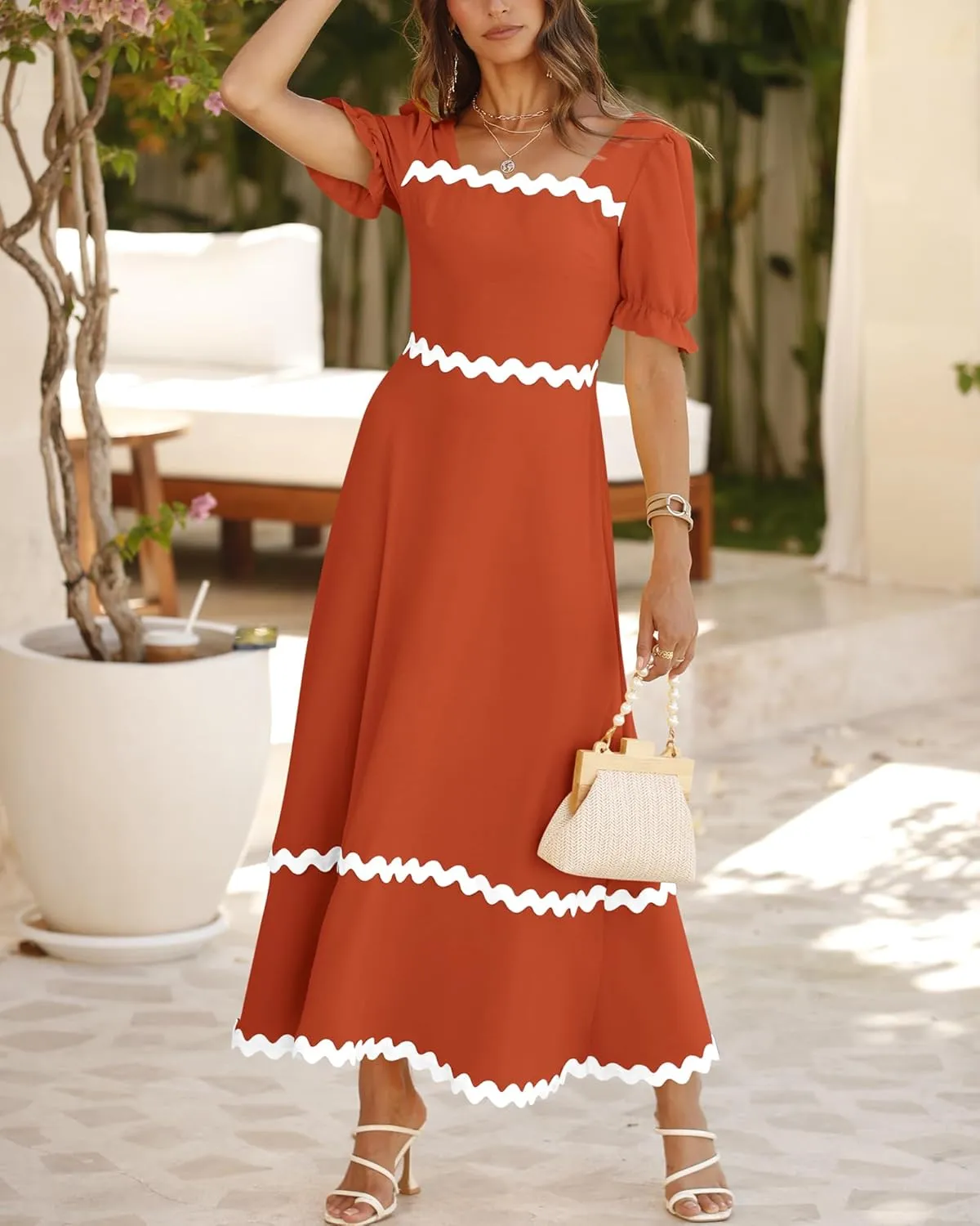 BTFBM Women 2025 Summer Square Neck Short Puff Sleeve Dress Casual RIic Rac Tie Back Smocked Wedding Guest Maxi Dresses