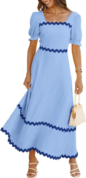 BTFBM Women 2025 Summer Square Neck Short Puff Sleeve Dress Casual RIic Rac Tie Back Smocked Wedding Guest Maxi Dresses