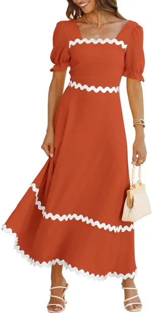 BTFBM Women 2025 Summer Square Neck Short Puff Sleeve Dress Casual RIic Rac Tie Back Smocked Wedding Guest Maxi Dresses