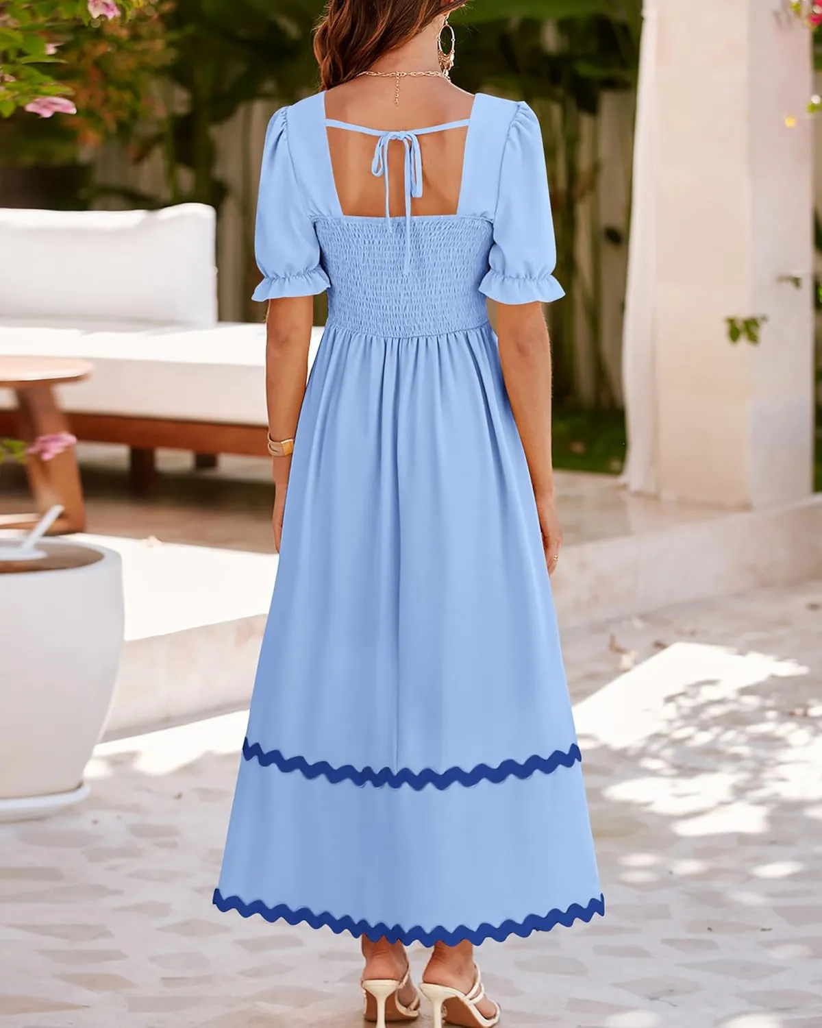 BTFBM Women 2025 Summer Square Neck Short Puff Sleeve Dress Casual RIic Rac Tie Back Smocked Wedding Guest Maxi Dresses