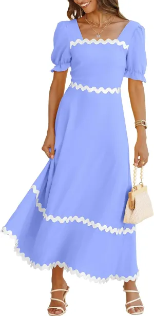 BTFBM Women 2025 Summer Square Neck Short Puff Sleeve Dress Casual RIic Rac Tie Back Smocked Wedding Guest Maxi Dresses