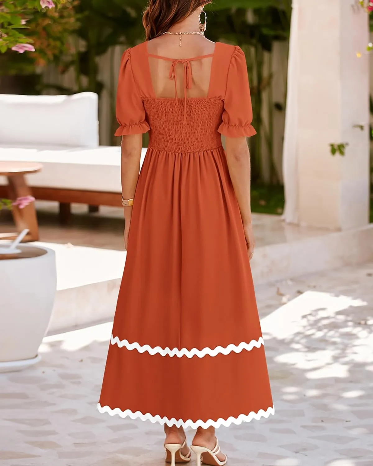BTFBM Women 2025 Summer Square Neck Short Puff Sleeve Dress Casual RIic Rac Tie Back Smocked Wedding Guest Maxi Dresses