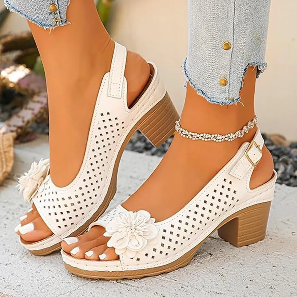 Buckled Square Heel Sandals for Women, Womens Peep Toe Slingback Low Chunky Heeled Dress Sandals Wedge Shoes Dressy