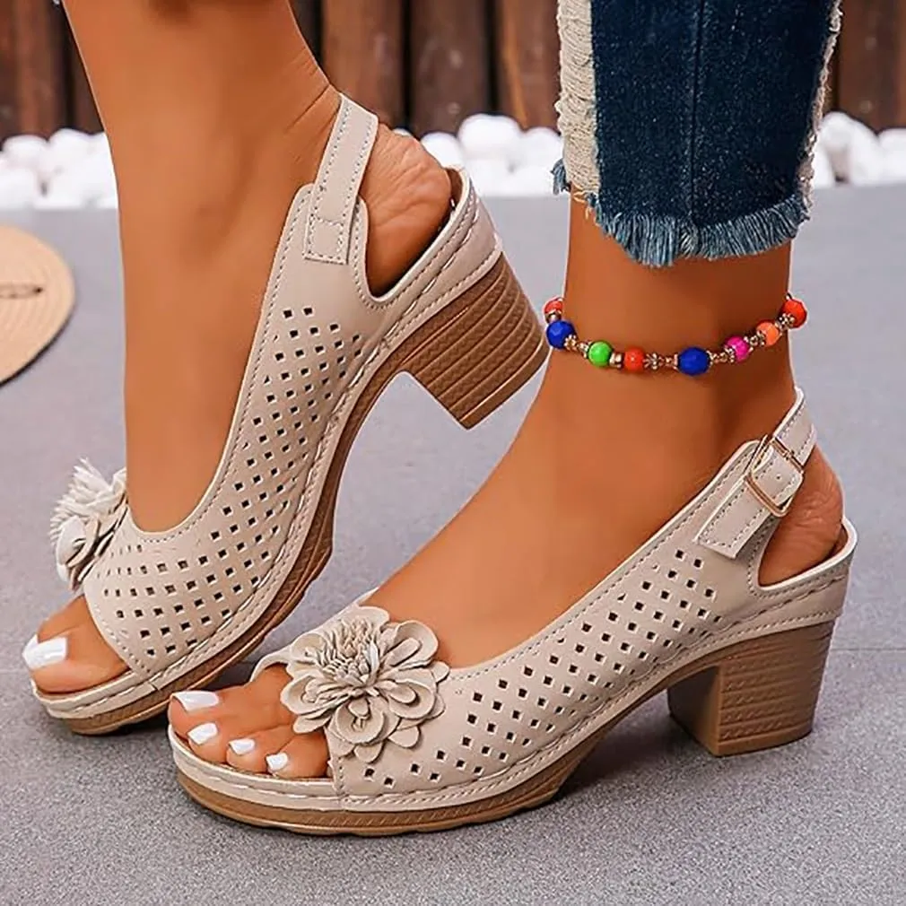 Buckled Square Heel Sandals for Women, Womens Peep Toe Slingback Low Chunky Heeled Dress Sandals Wedge Shoes Dressy
