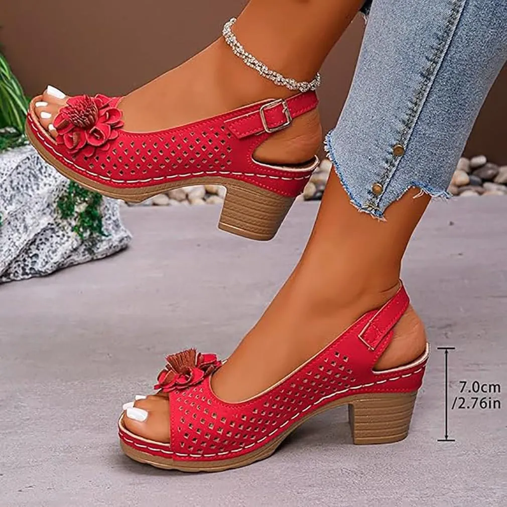 Buckled Square Heel Sandals for Women, Womens Peep Toe Slingback Low Chunky Heeled Dress Sandals Wedge Shoes Dressy