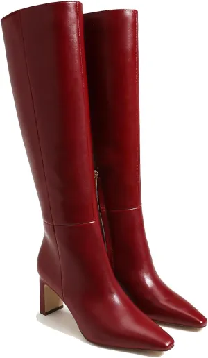 Burgundy Knee High Boots for Women Square Toe Chunky Heeled Wide Calf Boots with Side Zipper Fall Dress Elastic Tall Boots