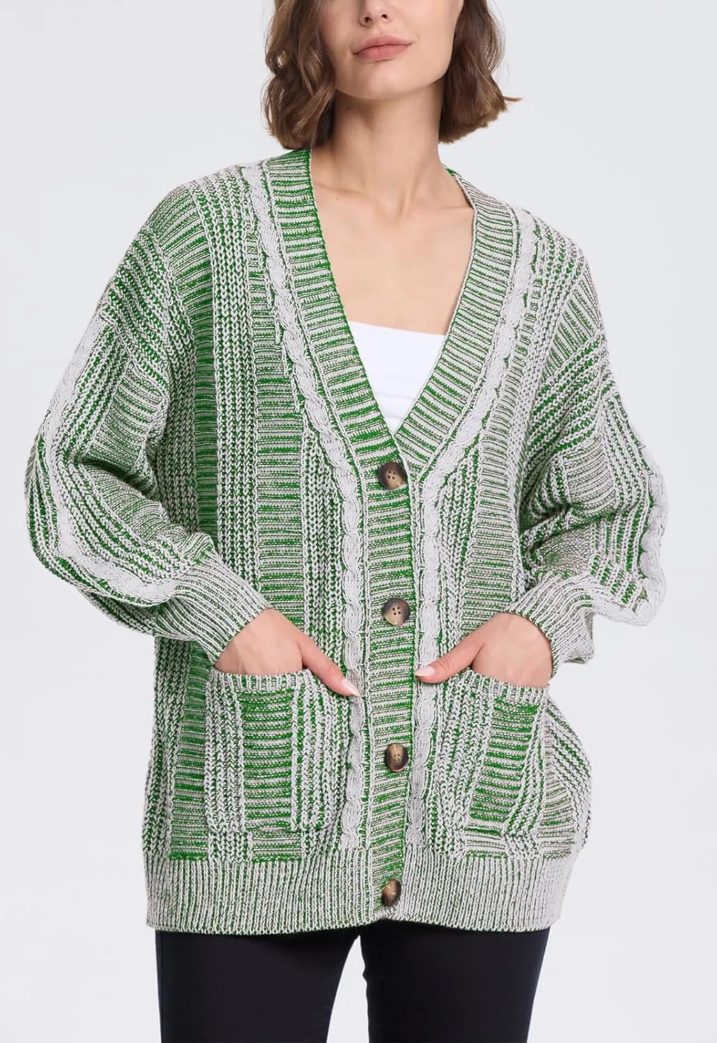 Cakulo Womens Oversized Chunky Cable Knit Cardigan Sweaters 2024 Fall Open Front Button Women Cardigans Pocket