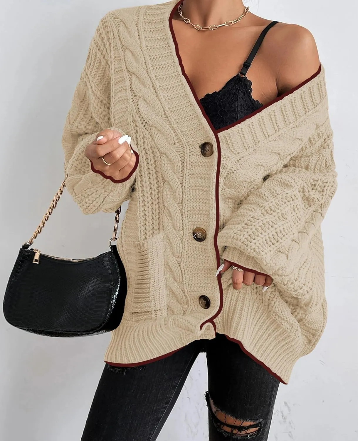 Cakulo Womens Oversized Chunky Cable Knit Cardigan Sweaters 2024 Fall Open Front Button Women Cardigans Pocket