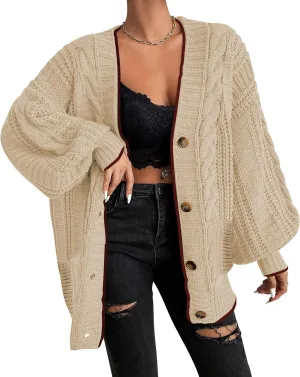 Cakulo Womens Oversized Chunky Cable Knit Cardigan Sweaters 2024 Fall Open Front Button Women Cardigans Pocket