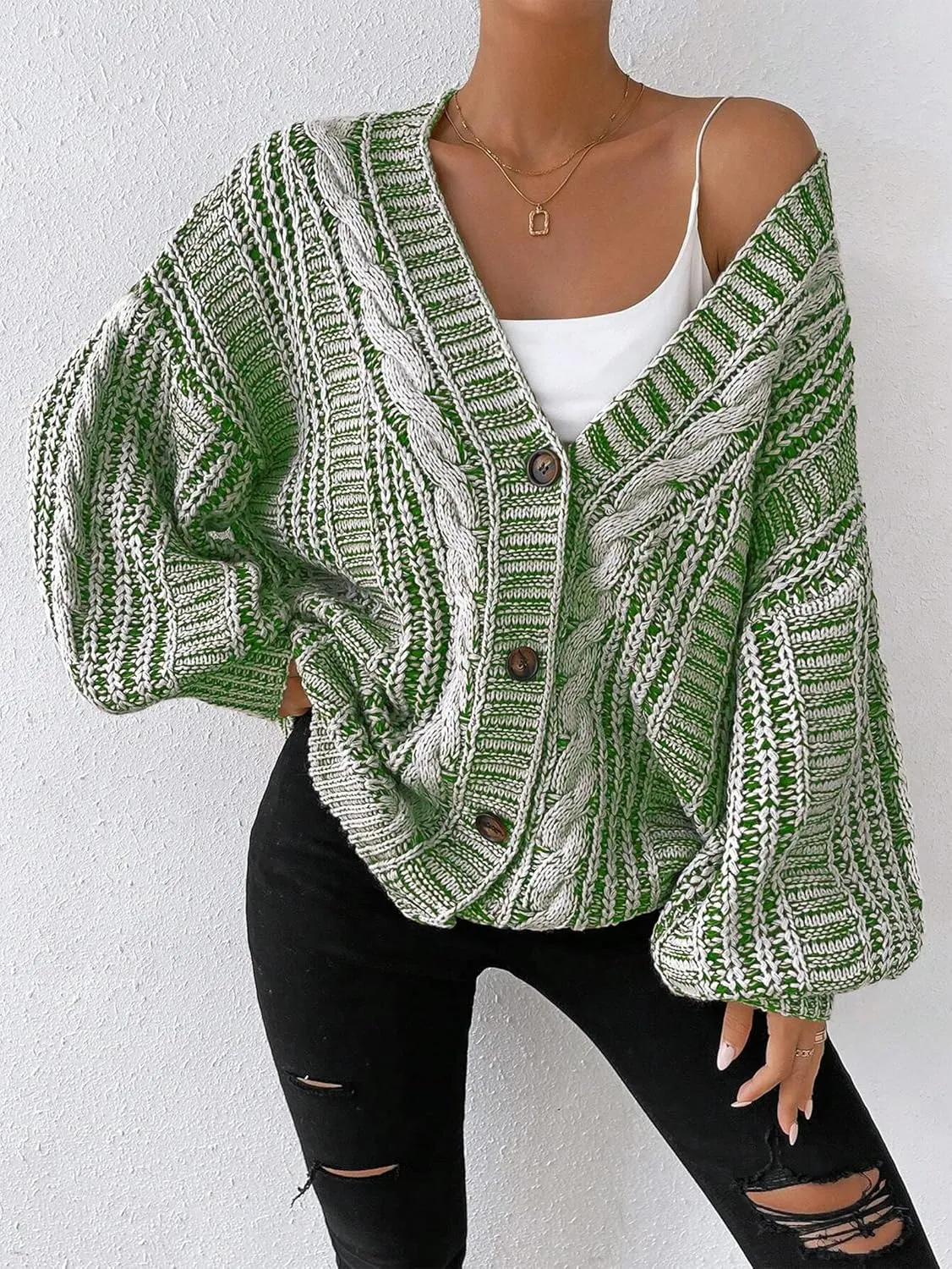Cakulo Womens Oversized Chunky Cable Knit Cardigan Sweaters 2024 Fall Open Front Button Women Cardigans Pocket