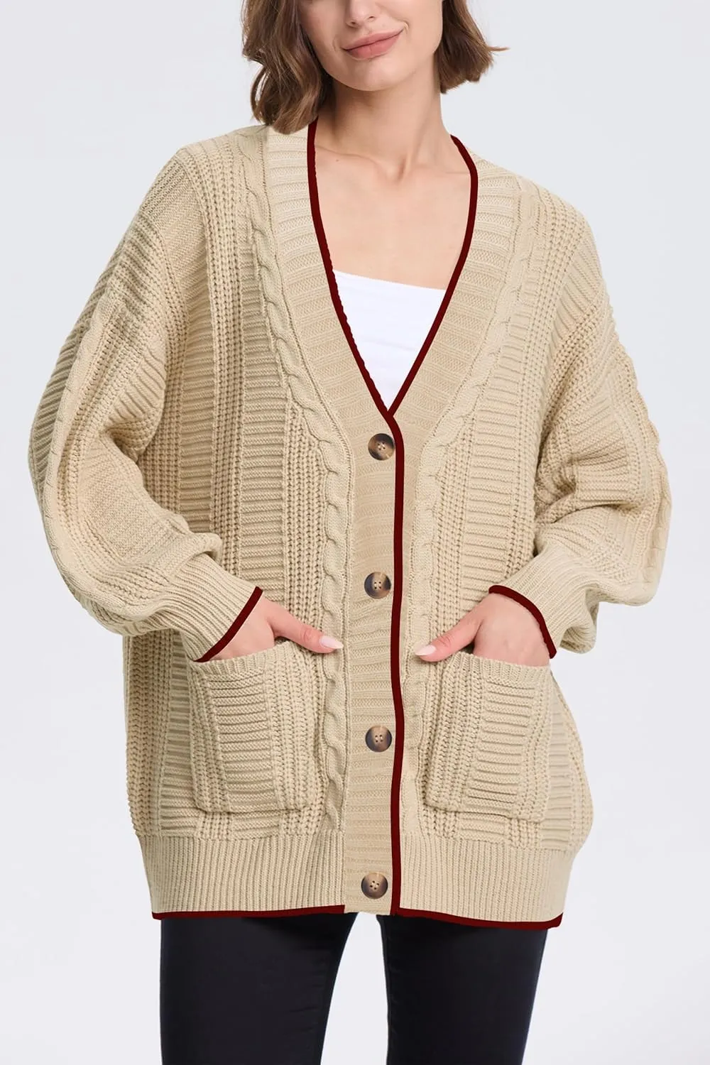Cakulo Womens Oversized Chunky Cable Knit Cardigan Sweaters 2024 Fall Open Front Button Women Cardigans Pocket
