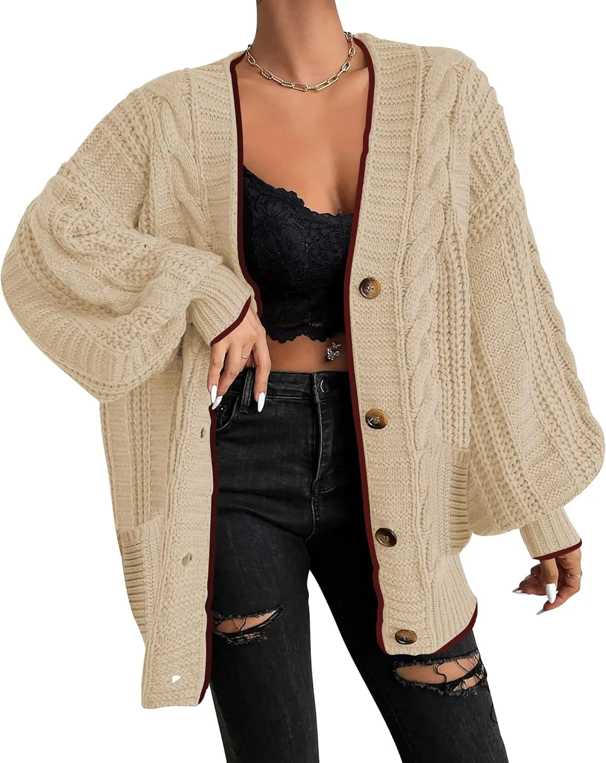 Cakulo Womens Oversized Chunky Cable Knit Cardigan Sweaters 2024 Fall Open Front Button Women Cardigans Pocket
