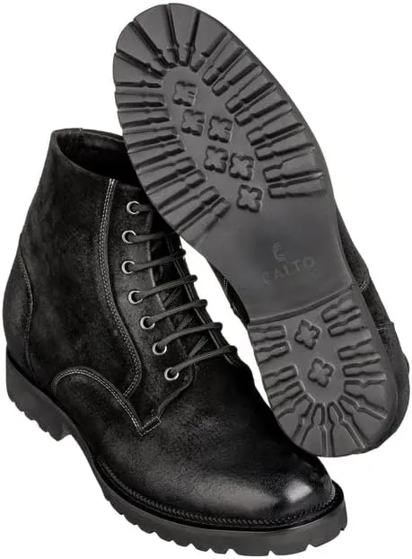 CALTO Men's Invisible Height Increasing Elevator Shoes - Black Nubuck Leather Lace-up/Zip-up Casual Boots - 3.0 Inches Taller - K24401 - Size 11 D(M) US