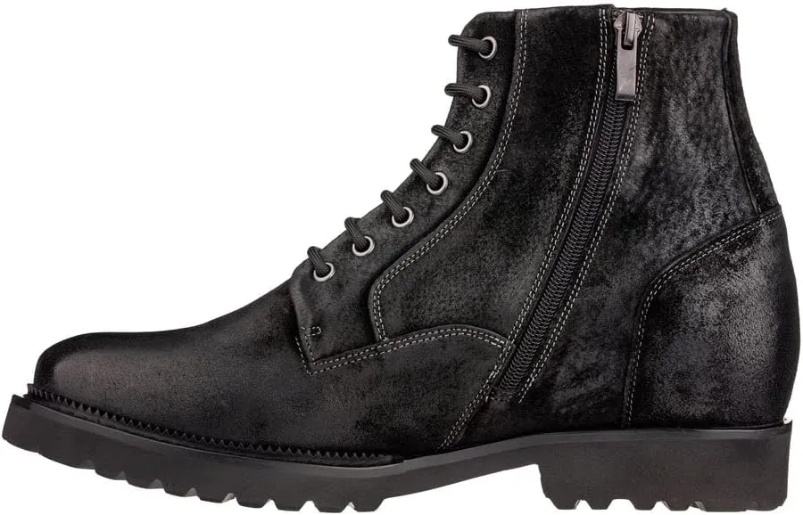CALTO Men's Invisible Height Increasing Elevator Shoes - Black Nubuck Leather Lace-up/Zip-up Casual Boots - 3.0 Inches Taller - K24401 - Size 11 D(M) US