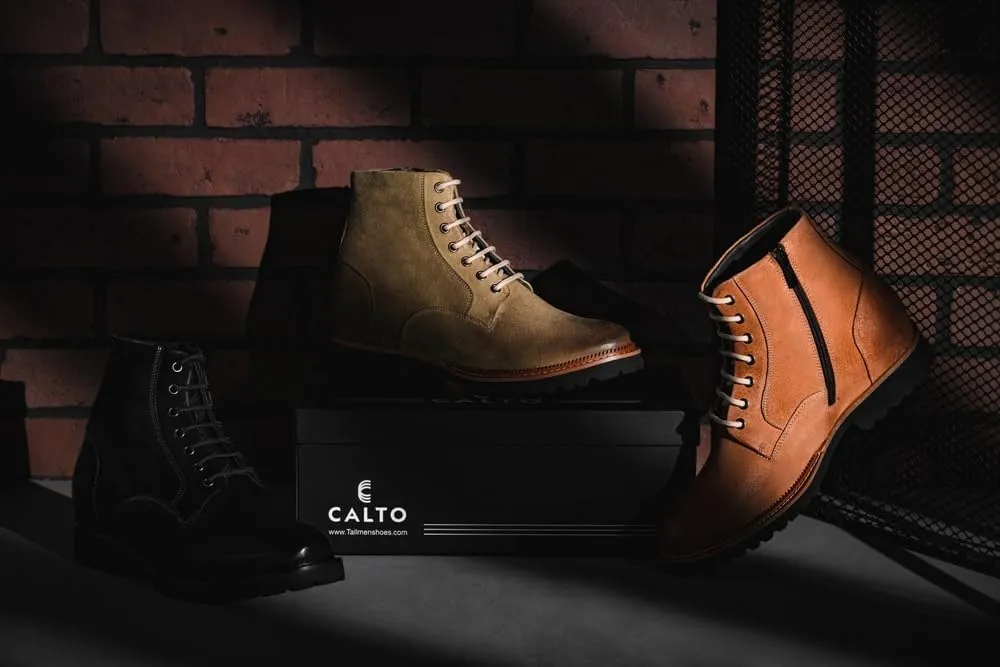 CALTO Men's Invisible Height Increasing Elevator Shoes - Black Nubuck Leather Lace-up/Zip-up Casual Boots - 3.0 Inches Taller - K24401 - Size 11 D(M) US