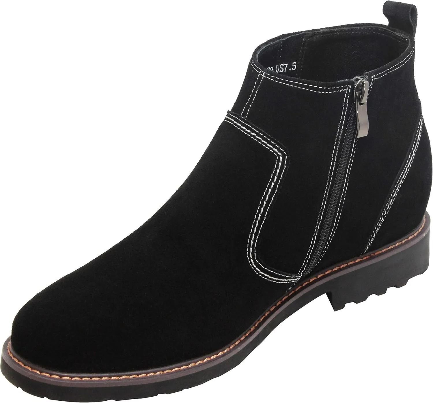 CALTO Men's Invisible Height Increasing Elevator Shoes - Black Nubuck Leather Mid-top Casual Zipper Boots - 3.2 Inches Taller - Y41082 - Size 7.5 D(M) US