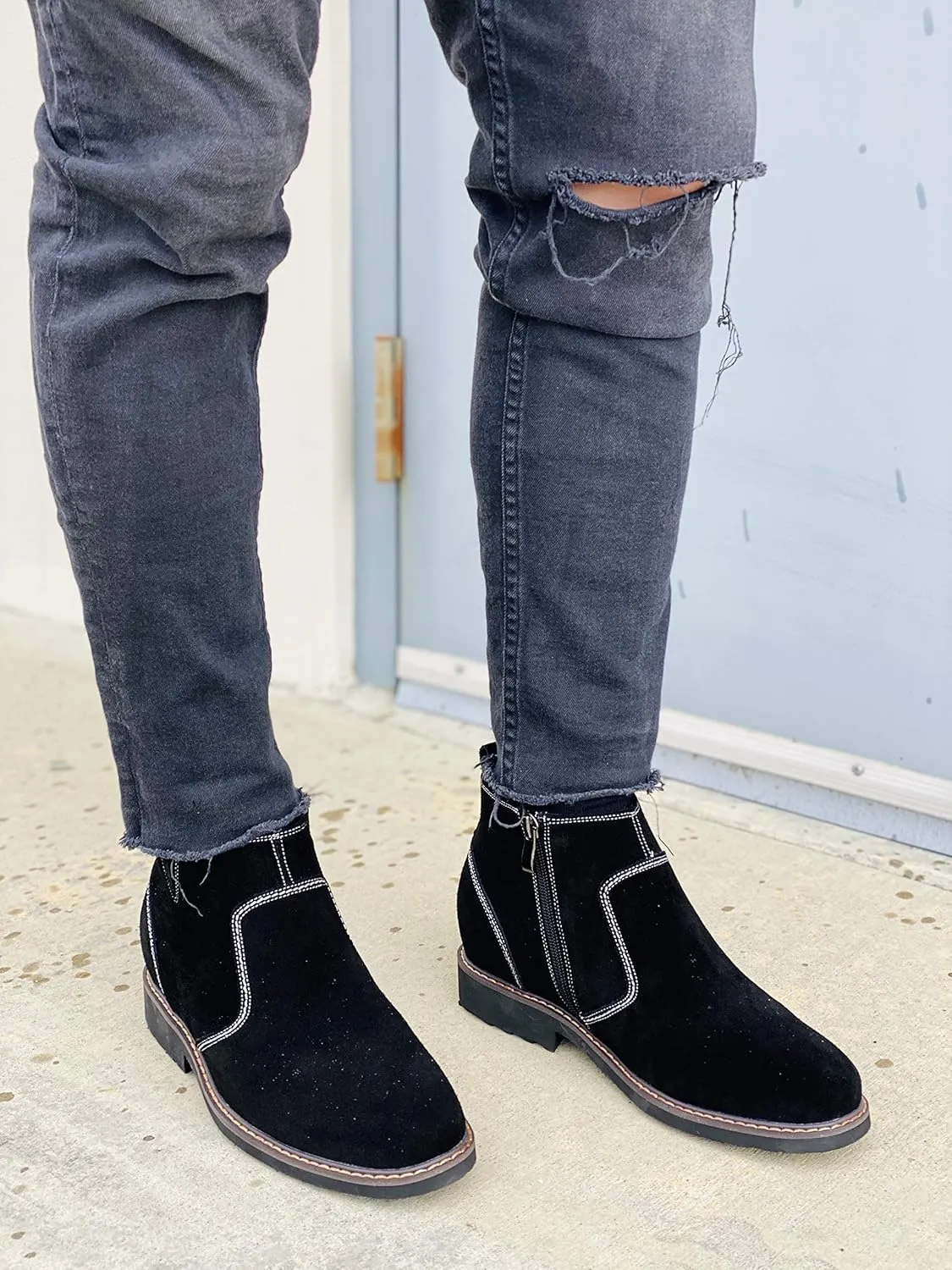 CALTO Men's Invisible Height Increasing Elevator Shoes - Black Nubuck Leather Mid-top Casual Zipper Boots - 3.2 Inches Taller - Y41082 - Size 7.5 D(M) US