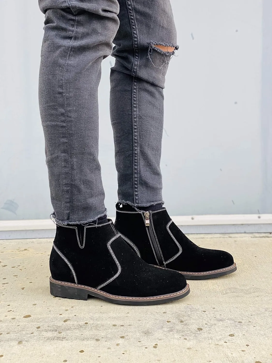 CALTO Men's Invisible Height Increasing Elevator Shoes - Black Nubuck Leather Mid-top Casual Zipper Boots - 3.2 Inches Taller - Y41082 - Size 7.5 D(M) US