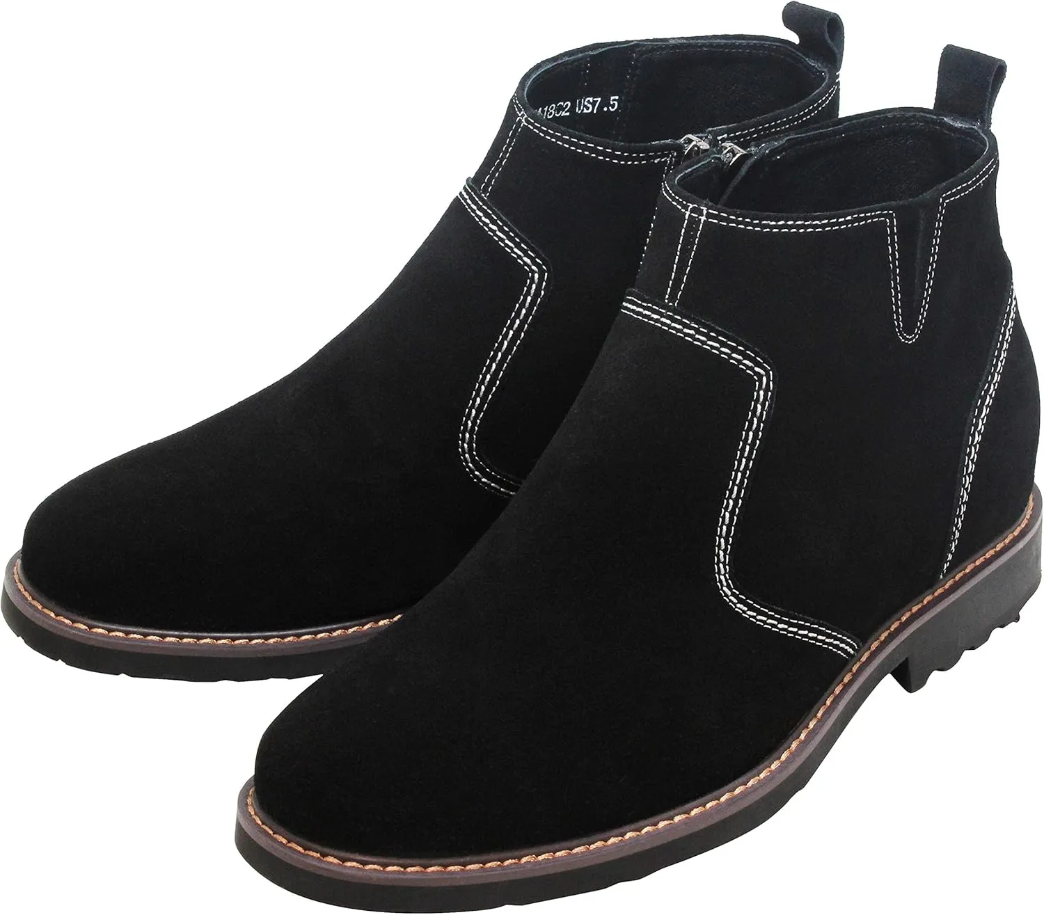 CALTO Men's Invisible Height Increasing Elevator Shoes - Black Nubuck Leather Mid-top Casual Zipper Boots - 3.2 Inches Taller - Y41082 - Size 7.5 D(M) US
