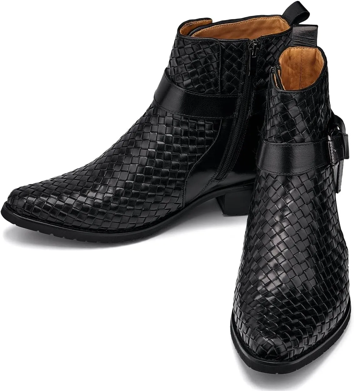 CALTO Men's Invisible Height Increasing Elevator Shoes - Black Premium Leather Woven Ankle Buckle Zipper Boots - 3.3 Inches Taller - K30523 - Size 10 D(M) US