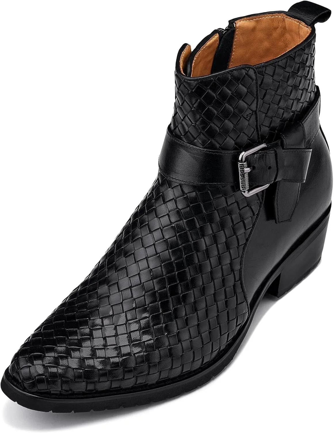 CALTO Men's Invisible Height Increasing Elevator Shoes - Black Premium Leather Woven Ankle Buckle Zipper Boots - 3.3 Inches Taller - K30523 - Size 10 D(M) US