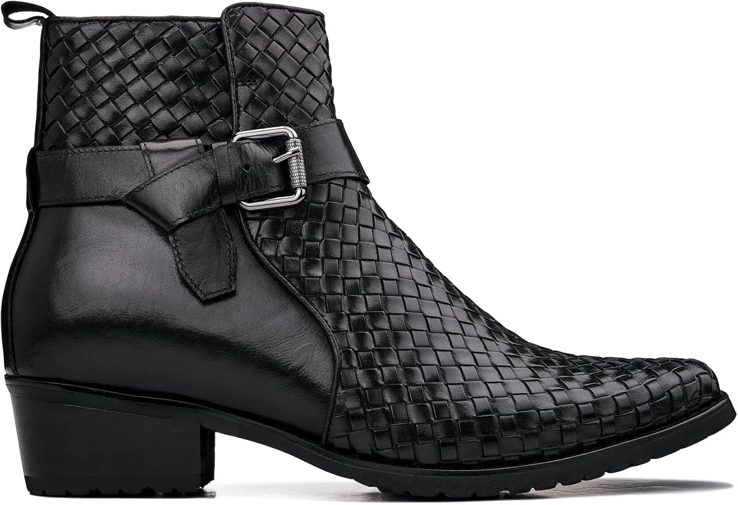 CALTO Men's Invisible Height Increasing Elevator Shoes - Black Premium Leather Woven Ankle Buckle Zipper Boots - 3.3 Inches Taller - K30523 - Size 10 D(M) US