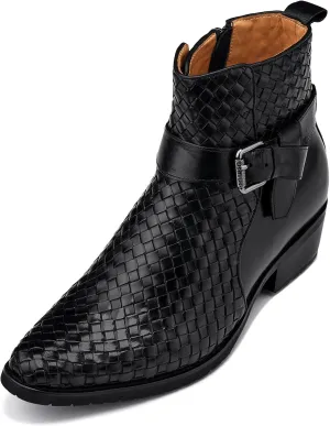 CALTO Men's Invisible Height Increasing Elevator Shoes - Black Premium Leather Woven Ankle Buckle Zipper Boots - 3.3 Inches Taller - K30523 - Size 10 D(M) US