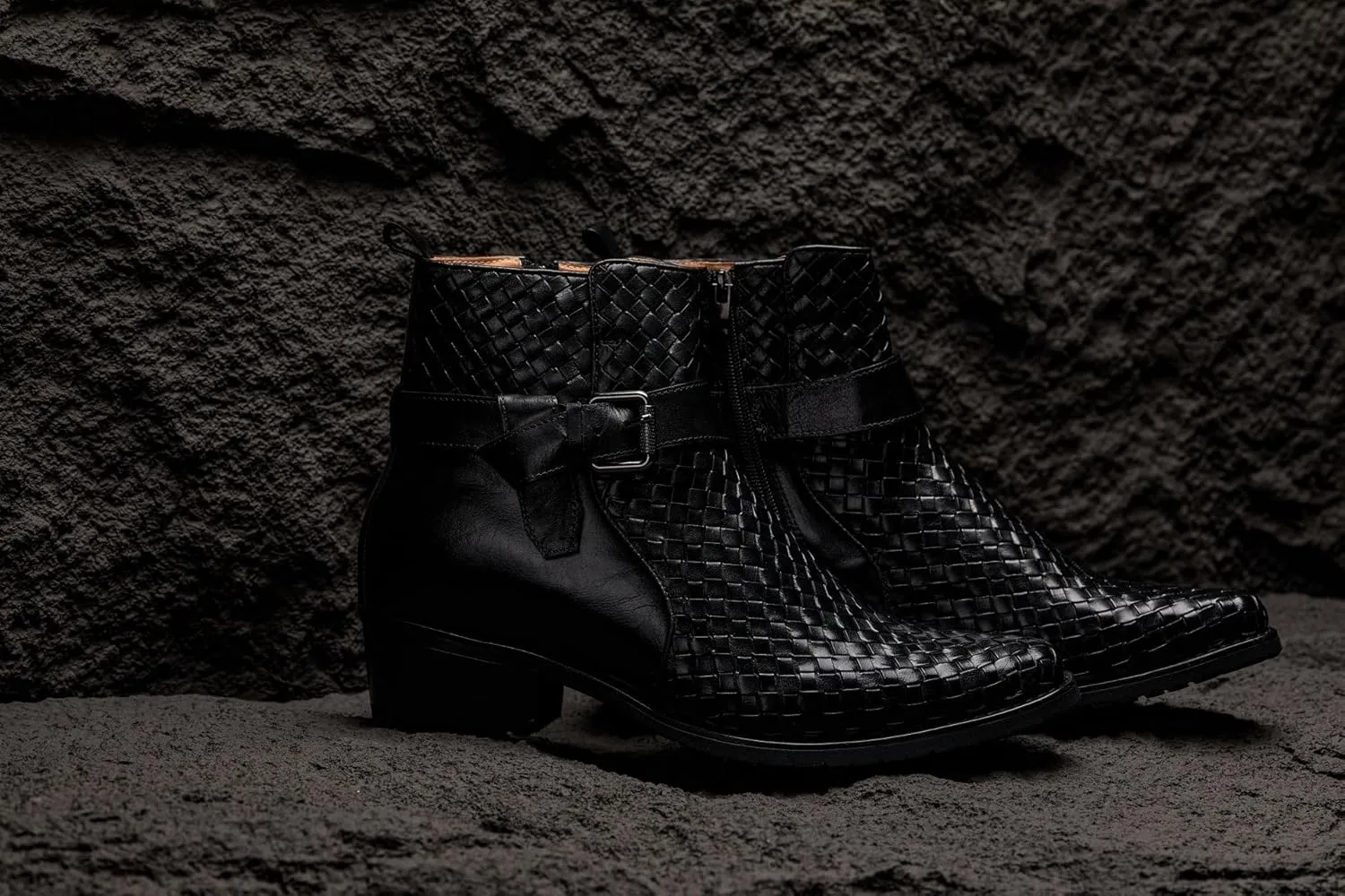 CALTO Men's Invisible Height Increasing Elevator Shoes - Black Premium Leather Woven Ankle Buckle Zipper Boots - 3.3 Inches Taller - K30523 - Size 10 D(M) US
