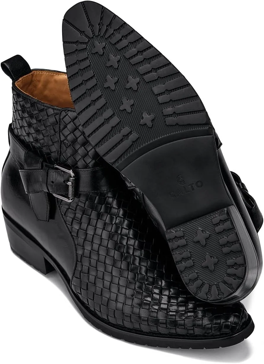CALTO Men's Invisible Height Increasing Elevator Shoes - Black Premium Leather Woven Ankle Buckle Zipper Boots - 3.3 Inches Taller - K30523 - Size 10 D(M) US