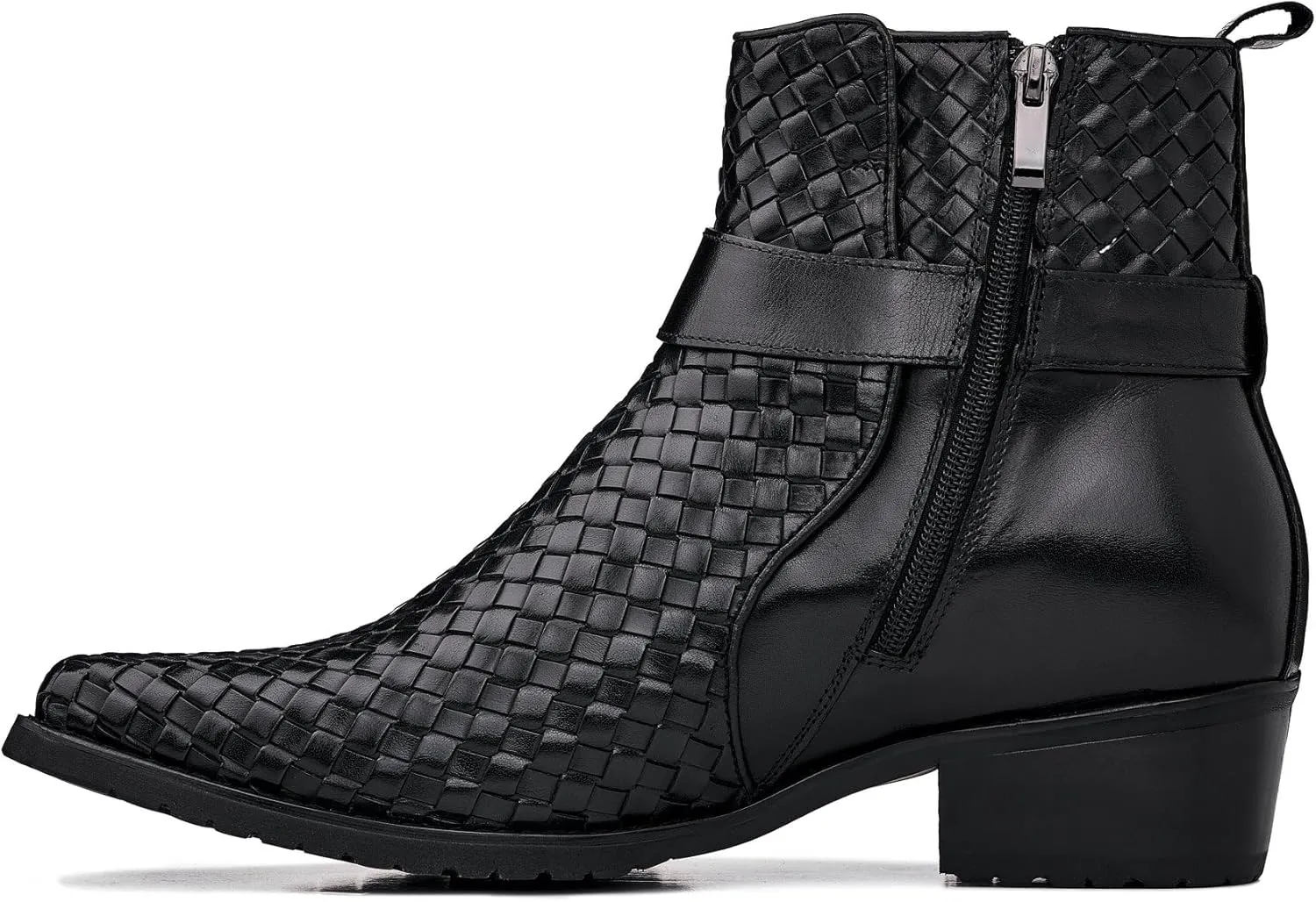 CALTO Men's Invisible Height Increasing Elevator Shoes - Black Premium Leather Woven Ankle Buckle Zipper Boots - 3.3 Inches Taller - K30523 - Size 10 D(M) US