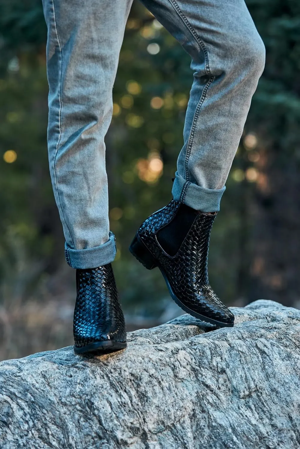 CALTO Men's Invisible Height Increasing Elevator Shoes - Black Premium Leather Woven Slip-on Chelsea Ankle Boots - 3.3 Inches Taller - K30521 - Size 6.5 D(M) US