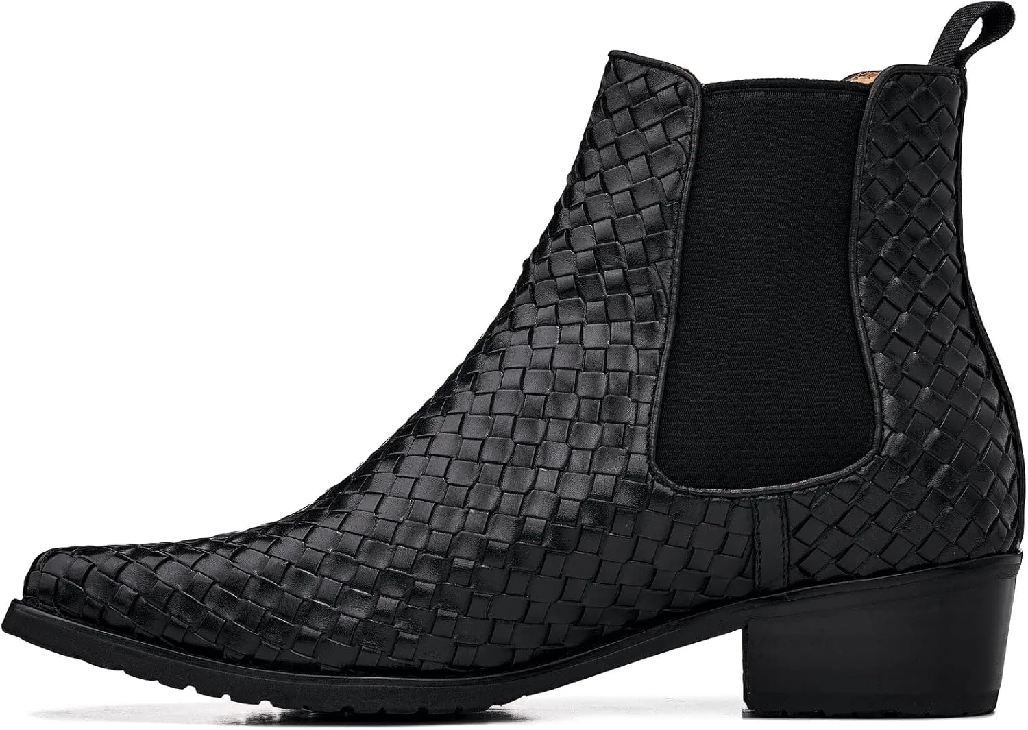 CALTO Men's Invisible Height Increasing Elevator Shoes - Black Premium Leather Woven Slip-on Chelsea Ankle Boots - 3.3 Inches Taller - K30521 - Size 6.5 D(M) US